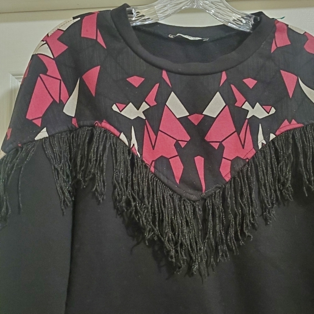 Zara Womens Fringed Crewneck Sweatshirt Black and Geometric print Size Small - Picture 3 of 6